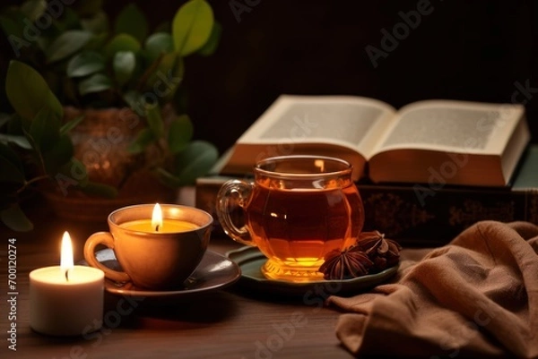 Fototapeta Ramadan still life with tea candle and Quran on table