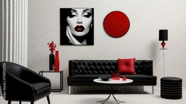 Fototapeta A living room with a couch, chair, table and pictures on the wall