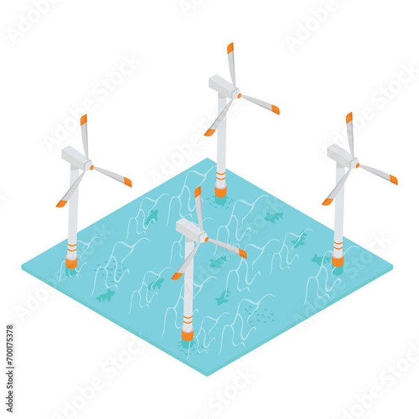 Obraz Wind generators In the sea with silhouettes of fish underwater and waves.Vector isometric illustration.