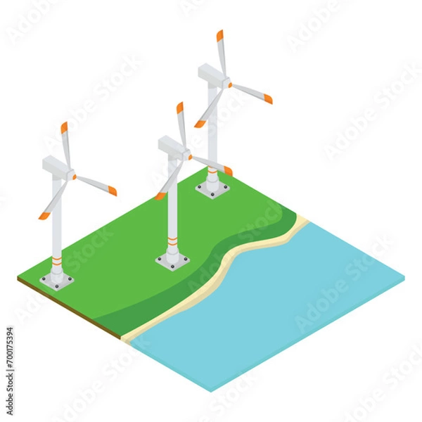 Obraz Wind generators in a field near the water.Vector isometric illustration.