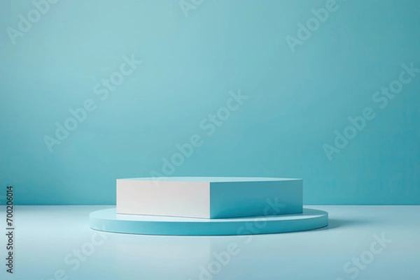 Fototapeta Simple product display podium on a blue background. business concept.