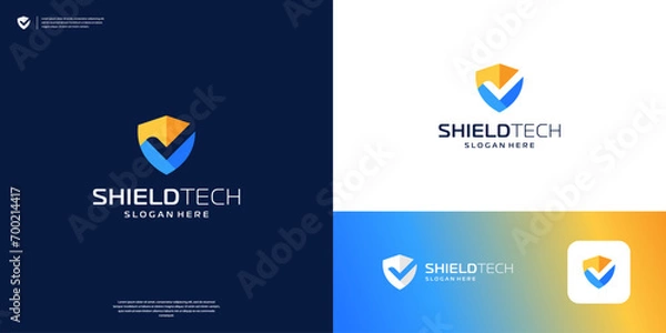 Fototapeta Colorful shield logo design. negative space check mark approved icon.