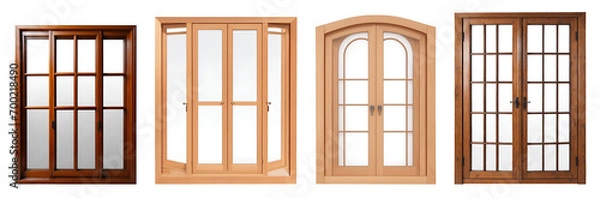 Fototapeta Set of various stylish wooden glass windows isolated on transparent background. Generative AI