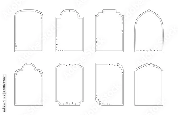 Fototapeta Linear minimalistic aesthetic frames with sparkles, magic stars. Outline arches with fairy dust for story, banner