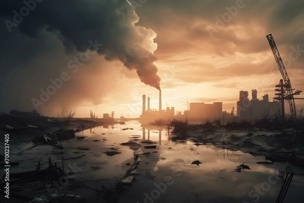 Fototapeta Dark industrial landscape with thick clouds of smoke rising from factory chimneys over a toxic, muddy wasteland. Concept of environmental pollution and climate catastrophe