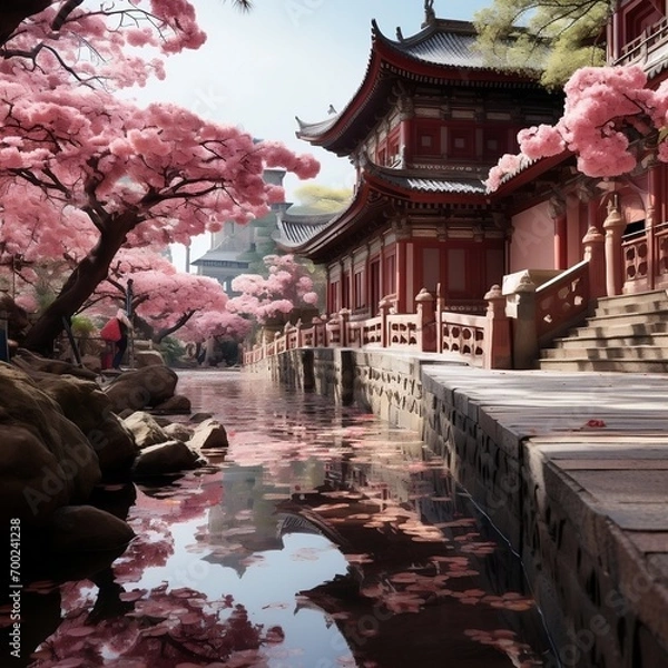 Fototapeta A pink pathway lined with trees with pink blossoms