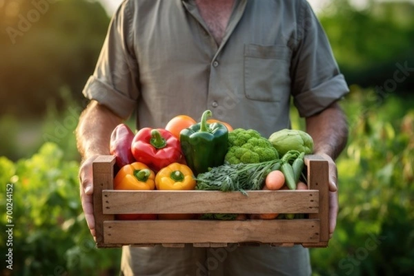 Fototapeta Happy Farmer holds in hands wooden box of organic vegetables in backyard background., A professional photography should use a high-quality, clean, tidy,