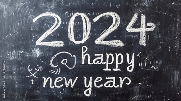 Fototapeta Happy New Year date handwritten in a chalk writing text script on a wooden black chalkboard background for a calendar, poster or greeting card, stock illustration image