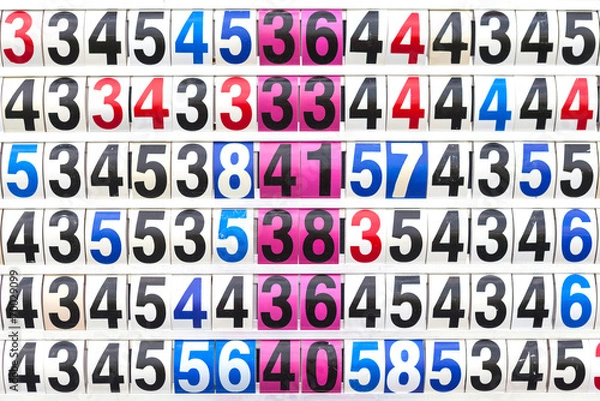 Fototapeta Score result on the multicolor mechanical scoreboard number.