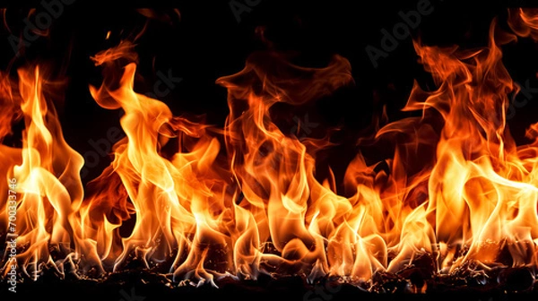 Obraz Fire flames isolated on black background. Realistic fire flames texture.