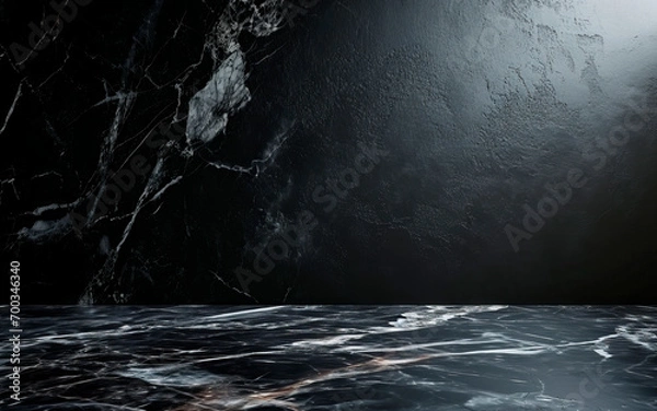 Fototapeta Black marble countertop and background. Platform for product presentation (Generative AI)
