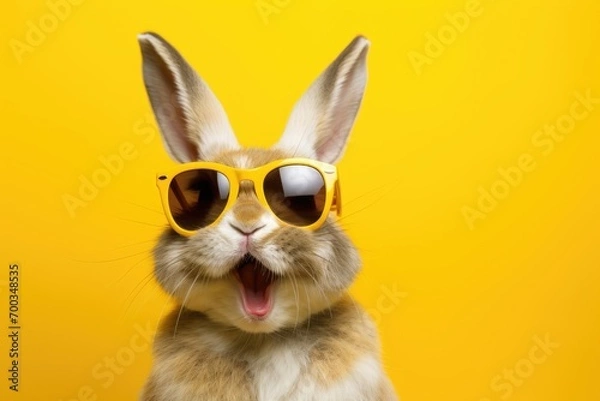 Obraz Cool Easter bunny with sunglasses in front of a yellow background wall.