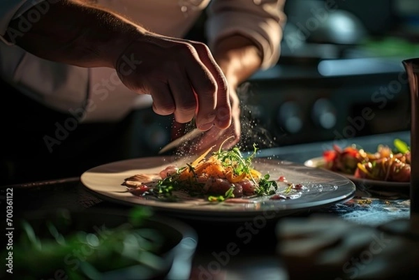 Obraz A chef preparing a delicious dish in a fine restaurant.