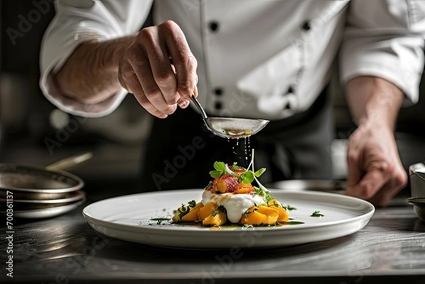 Obraz A chef preparing a delicious dish in a fine restaurant.