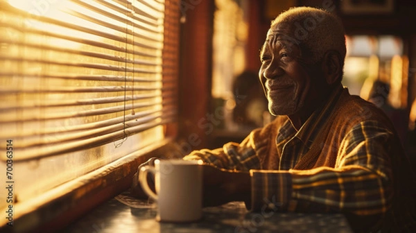 Fototapeta Older african-American male sitting in diner looking into Camera enjoying a cup of coffee during the early morning