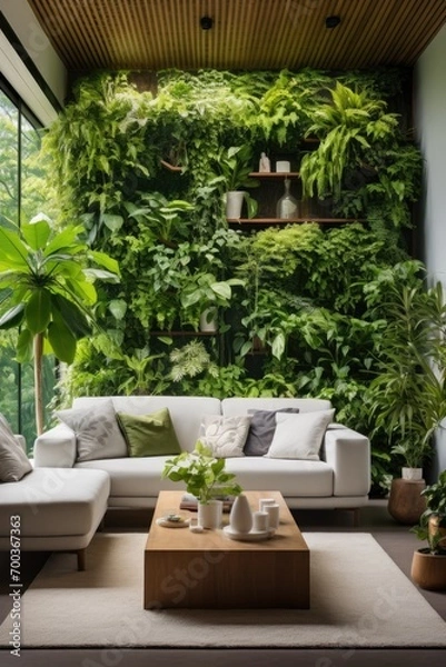 Obraz A cozy living room with an entire wall converted into  vertical garden. Biophilic design