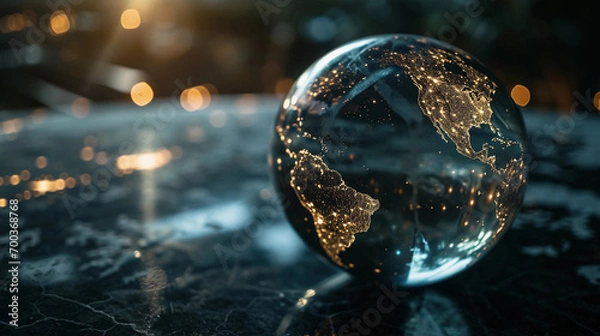Fototapeta Transparent globe of Earth suspended in space, glowing, showing lit-up city grids at night, black background