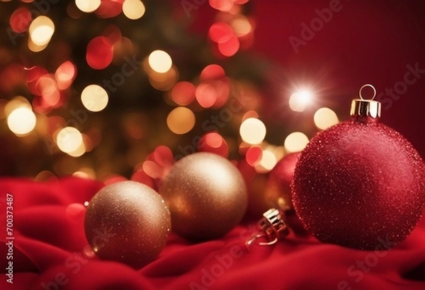 Obraz Christmas background with xmas tree and sparkle bokeh lights on red surface background Merry Christmas