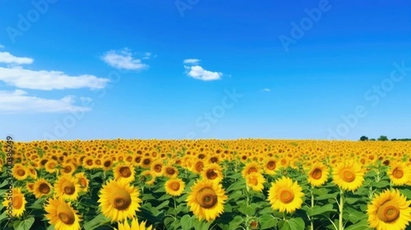 Obraz A sunflower field stretching to the horizon under a clear blue sky.