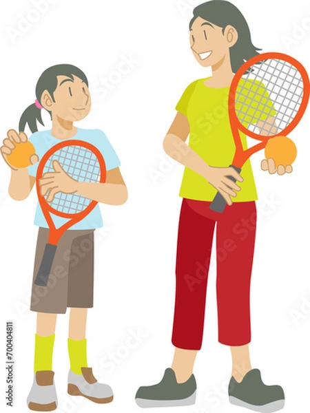 Obraz テニスラケットを持って微笑む母親と子供