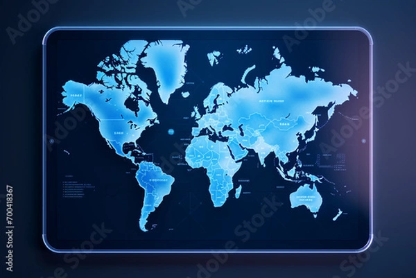 Fototapeta Tablet with projection map on the blue background