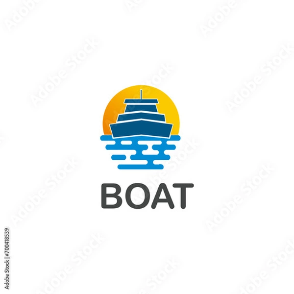 Fototapeta Boat sea sunset logo design, wave illustration.