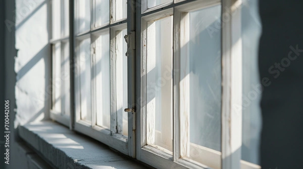 Fototapeta A Weathered Old White Window Gracing the Facade of a Historic Building, Bathed in Soft Sunlight, a Glimpse into the Past