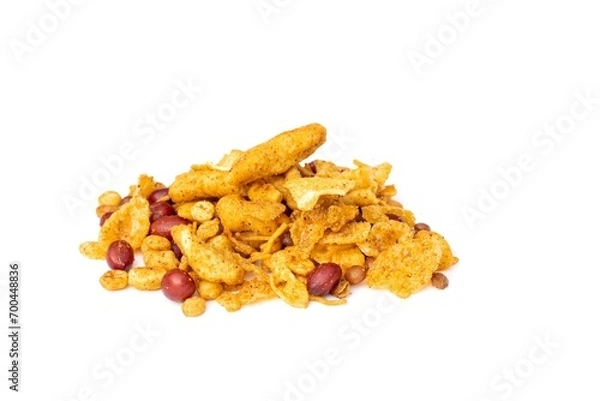 Obraz Chanchur or Bombay Mix Namkeen Heap Isolate ob White Background with Copy Space in Horizontal Orientation