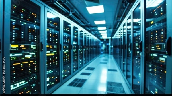Obraz Network server room with fiber optic cables connected to switch technology, Rackmount LED console in server room data center. Generative AI.