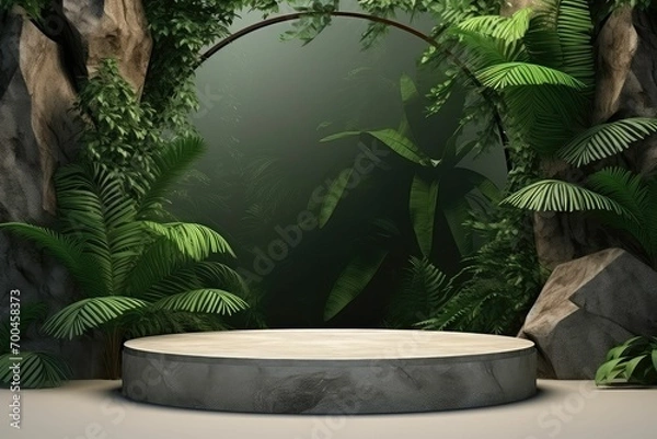 Fototapeta Tranquil Wilderness: Podium Stone in Lush Green Rainforest with Waterfall