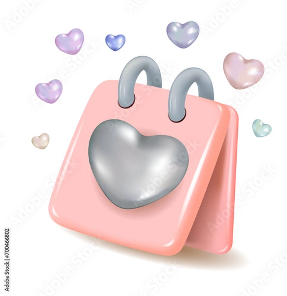 Fototapeta Valentine's Day greetings. 3d vector icon. Pink wall calendar. A postcard with a heart.A greeting card.