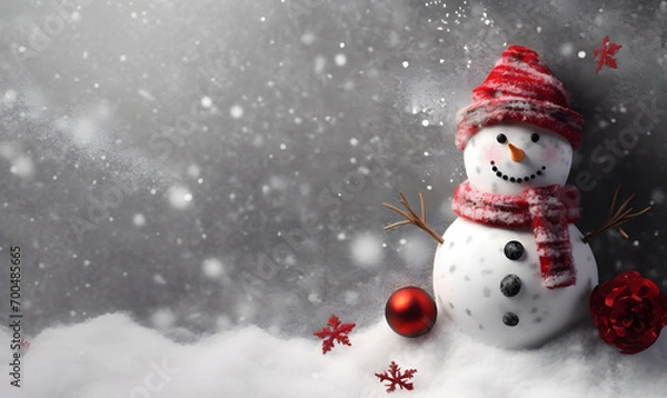 Fototapeta Christmas and New Year holiday background. Xmas greeting card. Christmas banner with blank space for text, snowman in the snow, christmas decorations