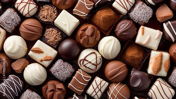 Fototapeta top view of variety chocolate pralines full Many different delicious chocolate background