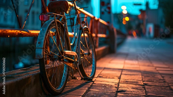 Fototapeta Bicycles on the bridge in the evening. Selective focus.