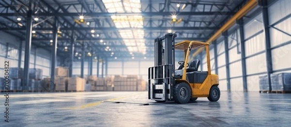 Obraz Interior of warehouse dock load cargo electric forklift pallet jack with large shipment goods pallet. Creative Banner. Copyspace image