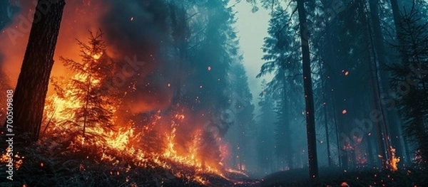 Fototapeta Forest fire at night Big cloud of smoke from a burning forest. Creative Banner. Copyspace image