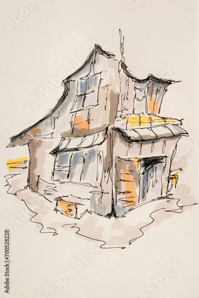 Fototapeta Old house. City sketch created with liner and markers. Color illustration on watercolor paper