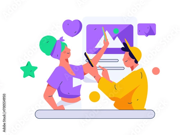 Fototapeta Virtual characters social communication concept business flat vector hand drawn illustration
