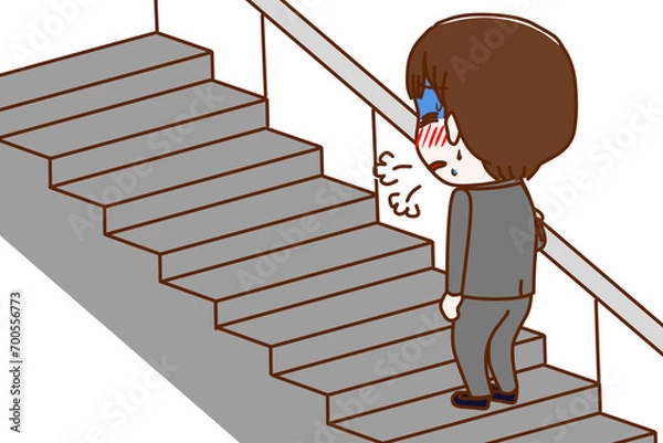 Obraz （全身斜め後ろ）階段を上っている途中で呼吸ができずとても苦しんでいる男子学生