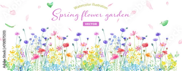 Obraz 色々な花が咲き乱れる、春のガーデンの水彩イラスト。（ベクター。レイアウト変更可能）