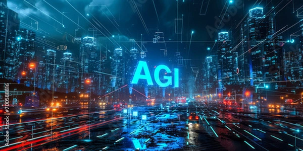 Fototapeta Illuminated AGI Concept in Neon Blue Over a Rain-Soaked Cityscape, Depicting Advanced Artificial General Intelligence Dominating the Urban Night Skyline
