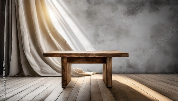 Fototapeta Eclectic curtains in vibrant colors complementing an antique wooden table