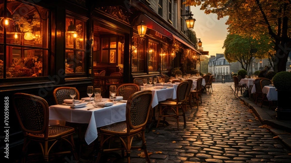 Fototapeta An inviting outdoor restaurant at sunset, with tables set for dining on a quaint cobblestone street.