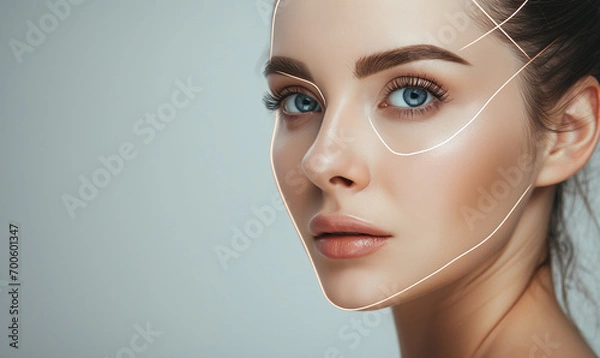 Obraz Lifting lines, advertising of face contour correction, female face skin lifting