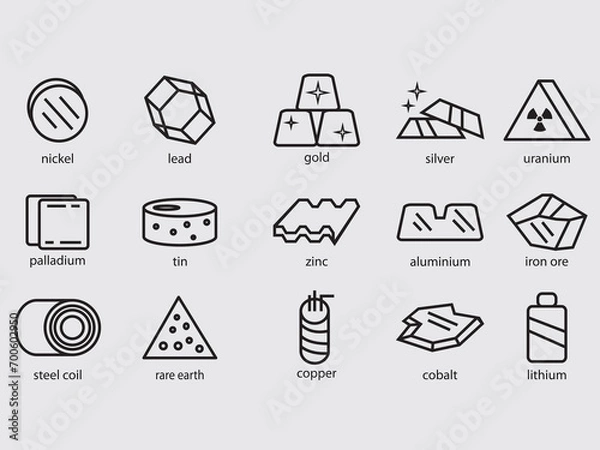 Fototapeta Set of metallic materials and precious metals outline icons related to most traded commodities.material base metal ore