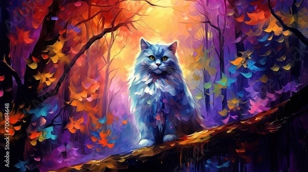 Obraz oil painting style illustration, cute grey cat in autumn forest, cute and adorable wildlife, idea for wall art decor and background wallpaper, Generative Ai