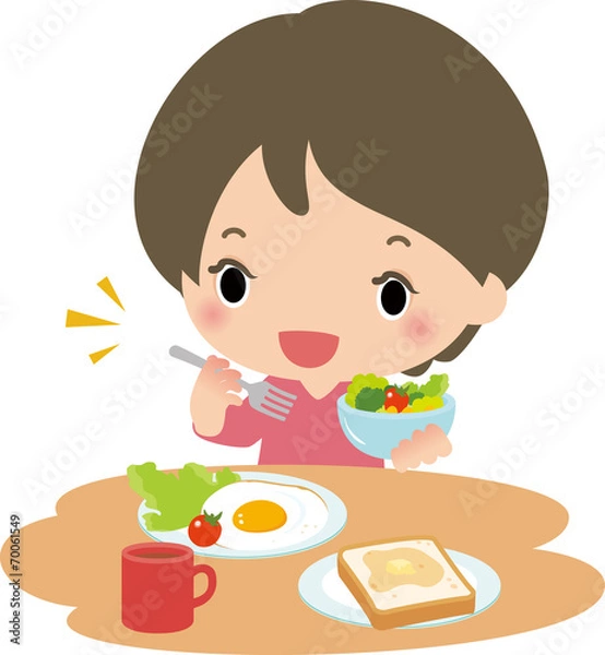 Fototapeta 朝食のサラダを食べる女性