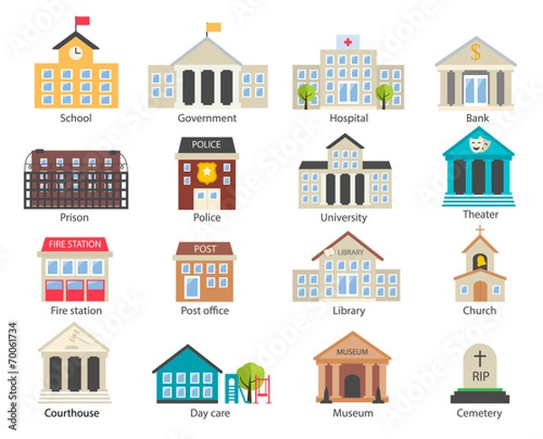 Fototapeta Color government buildings  icons set in flat style, vector