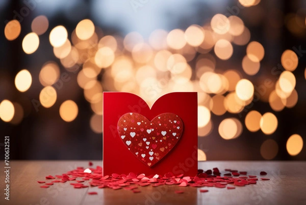 Fototapeta a red heart shaped card on a table with a blurred background