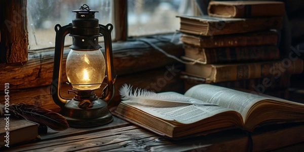 Fototapeta An old kerosene lantern placed beside an open book and a feather quill on a vintage oak desk, nostalgic